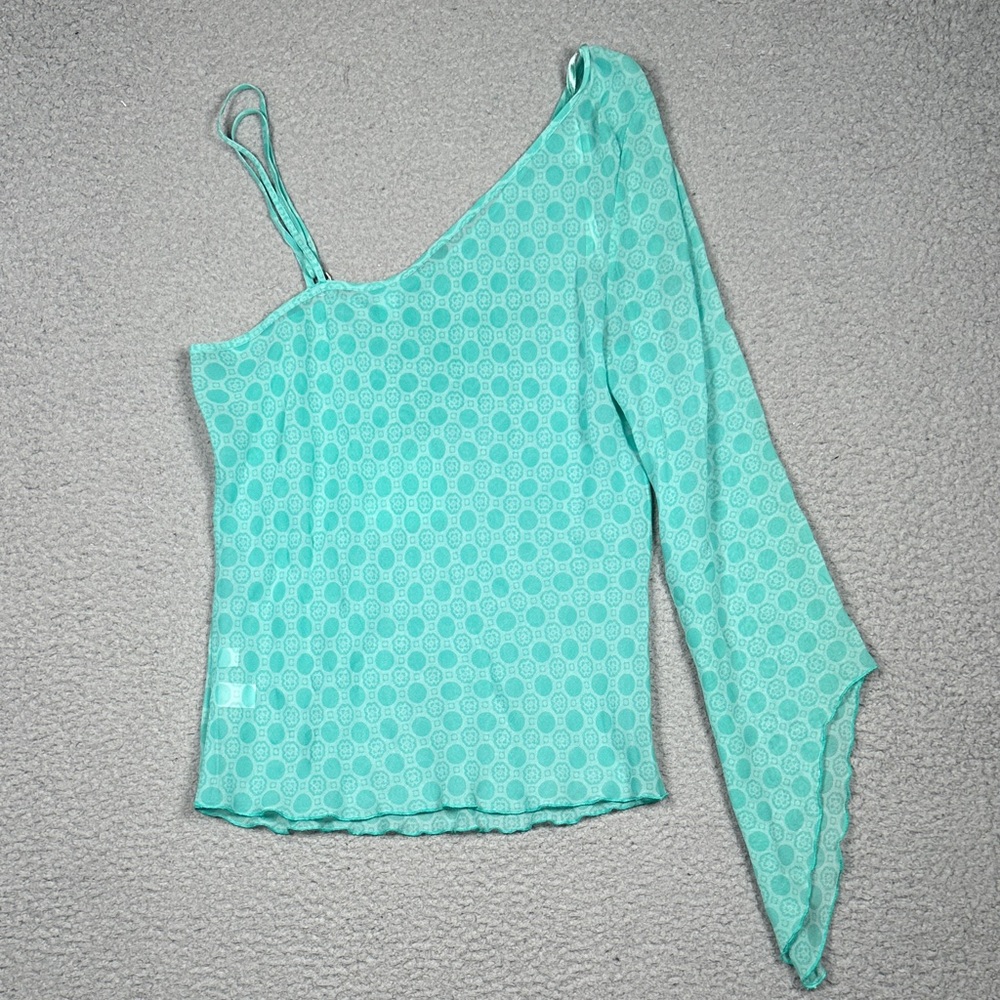 Asymmetric One-Shoulder Mint Green Blouse with Draped Sleeve - Picture 8 of 16